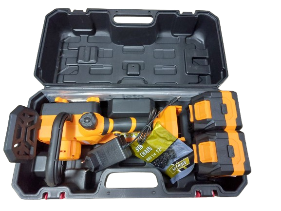 Minidrujba electrica cu lant, 12 inch cu 2 acumulatori, portocalie