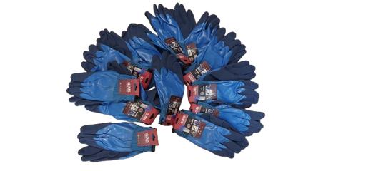 Set 12 manusi de lucru groase din spuma latex, Impermeabile, albastru cu varf albastru inchis, marime universala