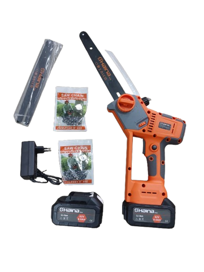 Minidrujba electrica cu lant, 8 inch cu 2 acumulatori, portocalie Haina