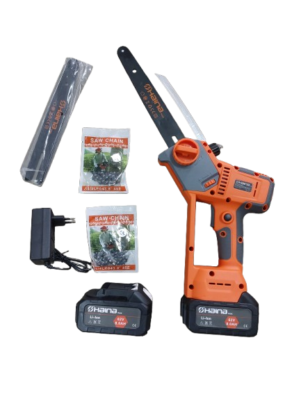 Minidrujba electrica cu lant, 8 inch cu 2 acumulatori, portocalie Haina