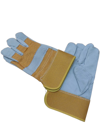 Manusi sudura din piele si material textil, galben - alb