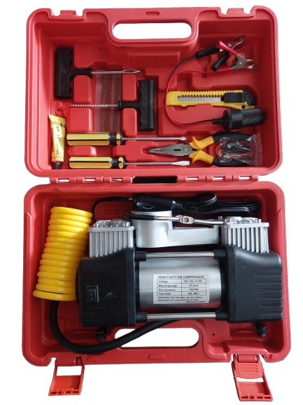 Compresor auto trusa rosie , 12V - 13.5V, 10 Bari, 150 PSI, 23 Amp, 85L / min, accesorii incluse