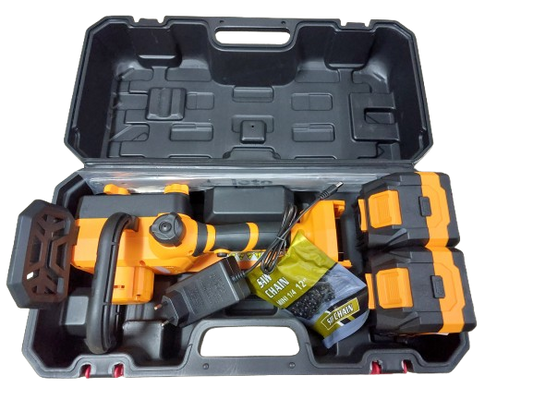 Minidrujba electrica cu lant, 12 inch cu 2 acumulatori, portocalie