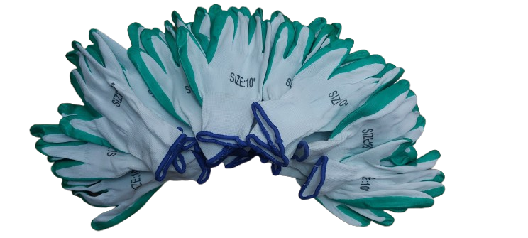 Set 12 manusi de lucru subtiri din spuma latex alb-verde-albastru marime universala