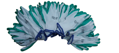 Set 12 manusi de lucru subtiri din spuma latex alb-verde-albastru marime universala