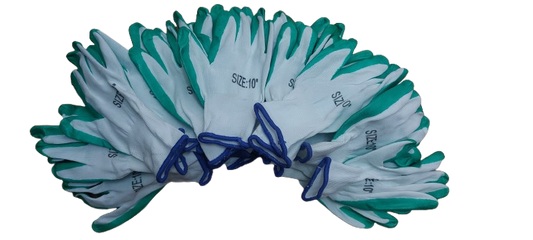 Set 12 manusi de lucru subtiri din spuma latex alb-verde-albastru marime universala