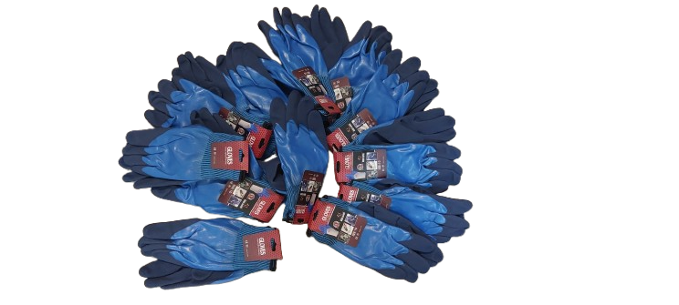 Set 12 manusi de lucru groase din spuma latex, Impermeabile, albastru cu varf albastru inchis, marime universala