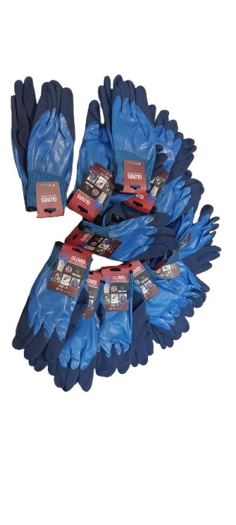 Set 12 manusi de lucru groase din spuma latex, Impermeabile, albastru cu varf albastru inchis, marime universala
