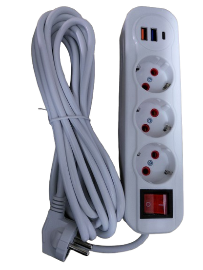 Prelungitor 5m, 3 prize, 2 porturi usb, 1 port tip C