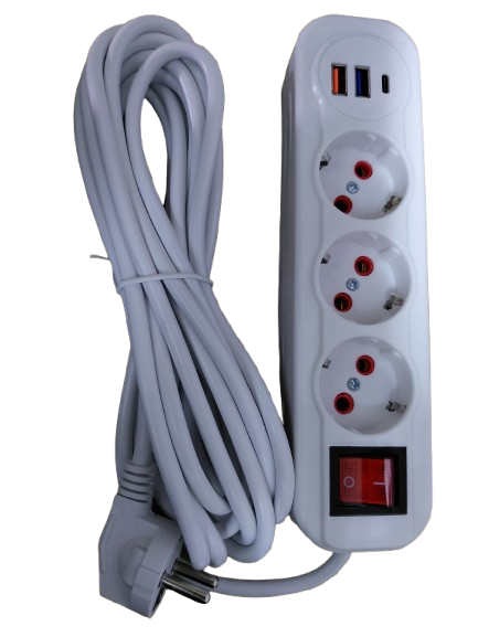 Prelungitor 5m, 3 prize, 2 porturi usb, 1 port tip C