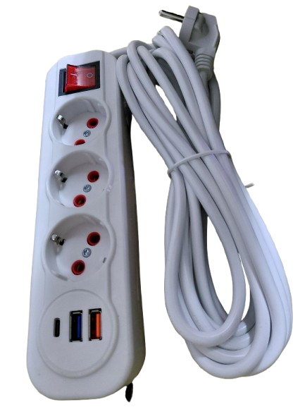 Prelungitor 5m, 3 prize, 2 porturi usb, 1 port tip C