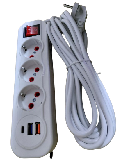Prelungitor 3m, 3 prize, 2 porturi usb, 1 port tip C