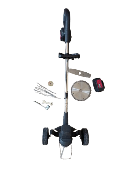 Coasa electrica cu roti, trimmer cu 2 acumulatori inclusi + disc si lame, tija extensibila, 7000 RPM