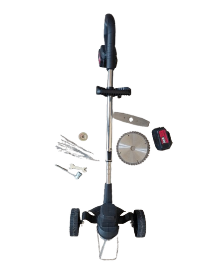 Coasa electrica cu roti, trimmer cu 2 acumulatori inclusi + disc si lame, tija extensibila, 7000 RPM