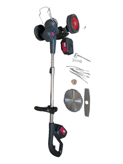 Coasa electrica cu roti, trimmer cu 2 acumulatori inclusi + disc si lame, tija extensibila, 7000 RPM