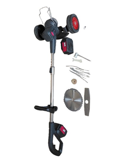 Coasa electrica cu roti, trimmer cu 2 acumulatori inclusi + disc si lame, tija extensibila, 7000 RPM