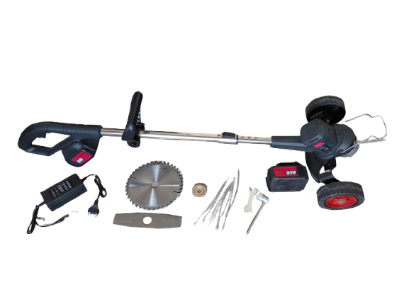 Coasa electrica cu roti, trimmer cu 2 acumulatori inclusi + disc si lame, tija extensibila, 7000 RPM