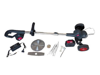 Coasa electrica cu roti, trimmer cu 2 acumulatori inclusi + disc si lame, tija extensibila, 7000 RPM